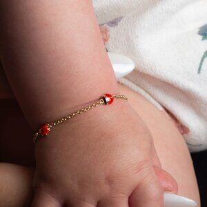 14K Solid Yellow Gold Enamel Ladybug Nature Charm Baby Bracelet Adjustable 5"